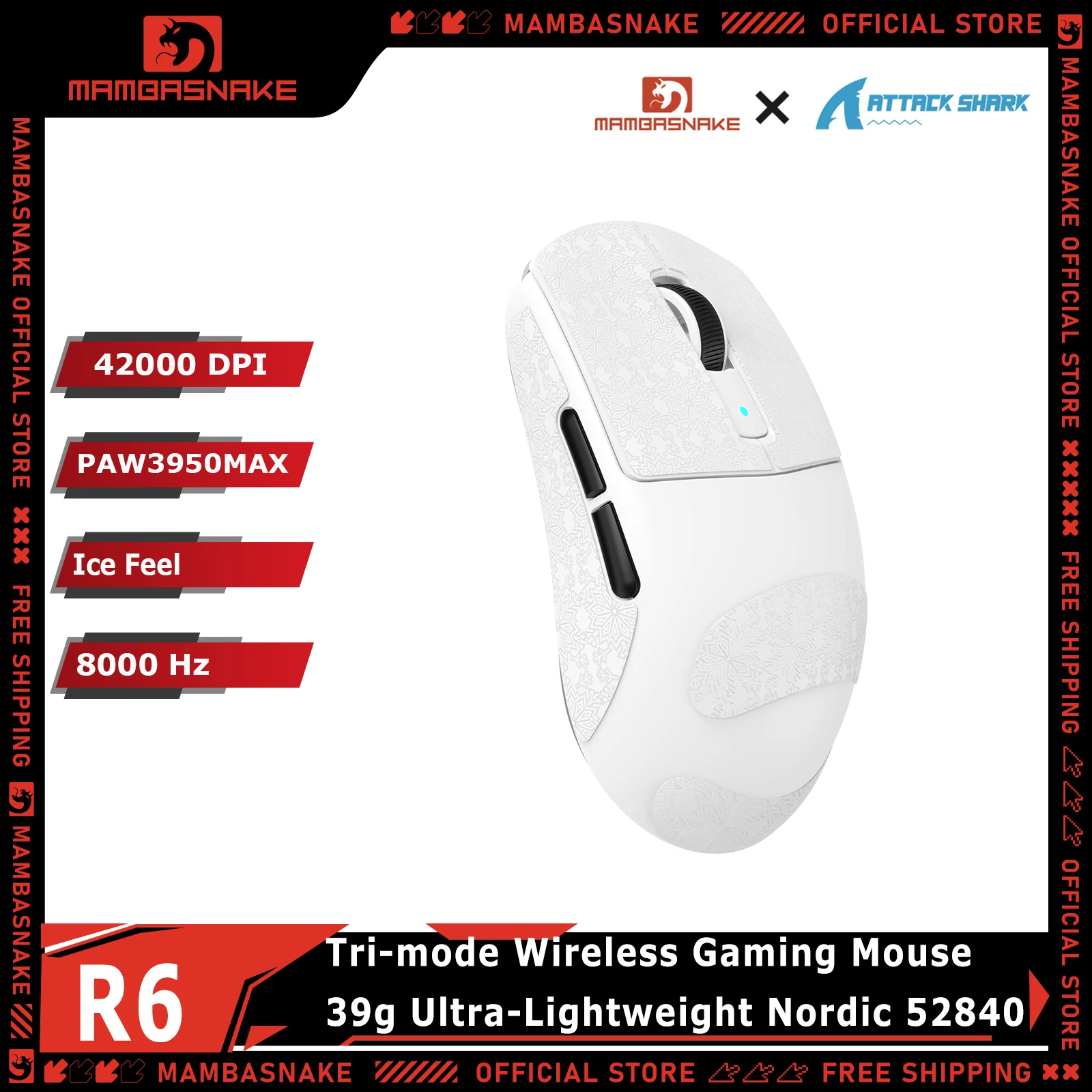 ATTACK SHARK R6 Tri-Mode Wireless Gaming Mouse PAW3950MAX 42000 DPI 8K Hz RGB Ultra-Light 39g For PC Gamer
