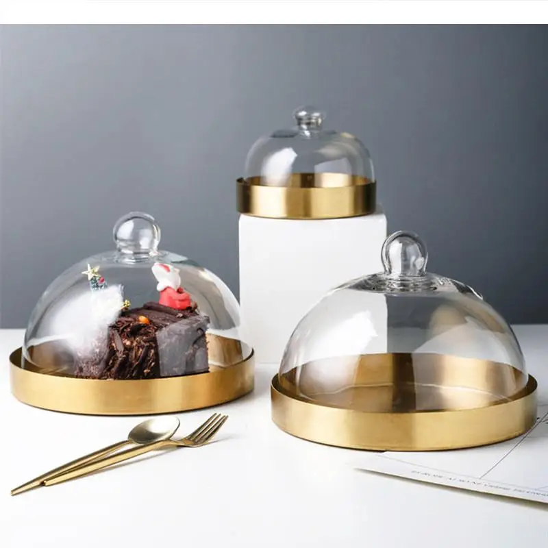 

Transparent Glass Cake Cover Dust-proof Fresh-keeping Plate Dim Sum Tray Golden Stainless Steel Round Dessert