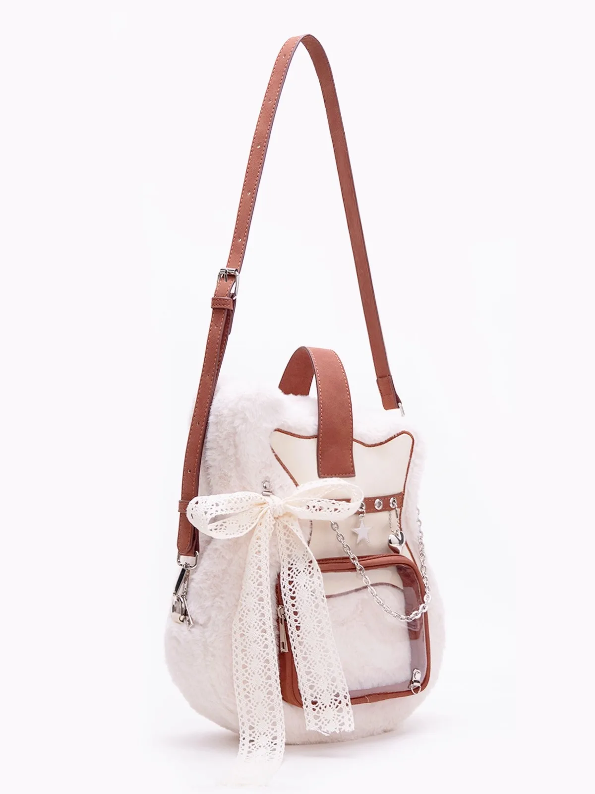 

Women's Plush Guitar Shape Pain Bag Winter Adult Creative Color Contrasting Sweet Cool Backpack College Sweet Girls School Bag