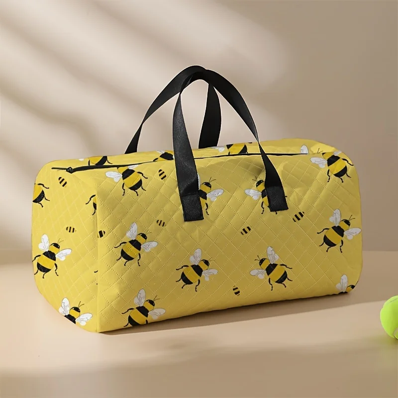 Large Bee Pattern Quilted Vibrant Yellow With Black White Bees, Durable Polyester Fiber, Spacious, Suitable For Long And Short