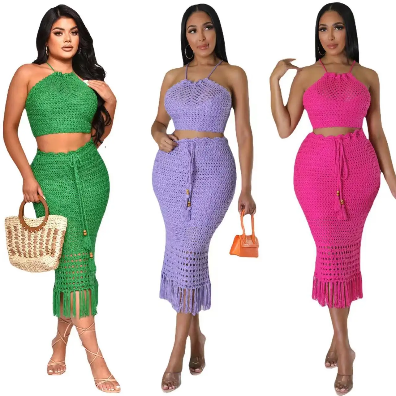 

2023 New Solid Crochet 2 Piece Beach Dress Sexy Women Halter Top + Bodycon Skirt Bikini swimwear Cover-ups Beachwear