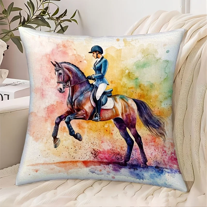 Vibrant Horseback Riding Art Throw Pillow Case for Sofa Couch Decor Equestrian Style Home Accent Cushion