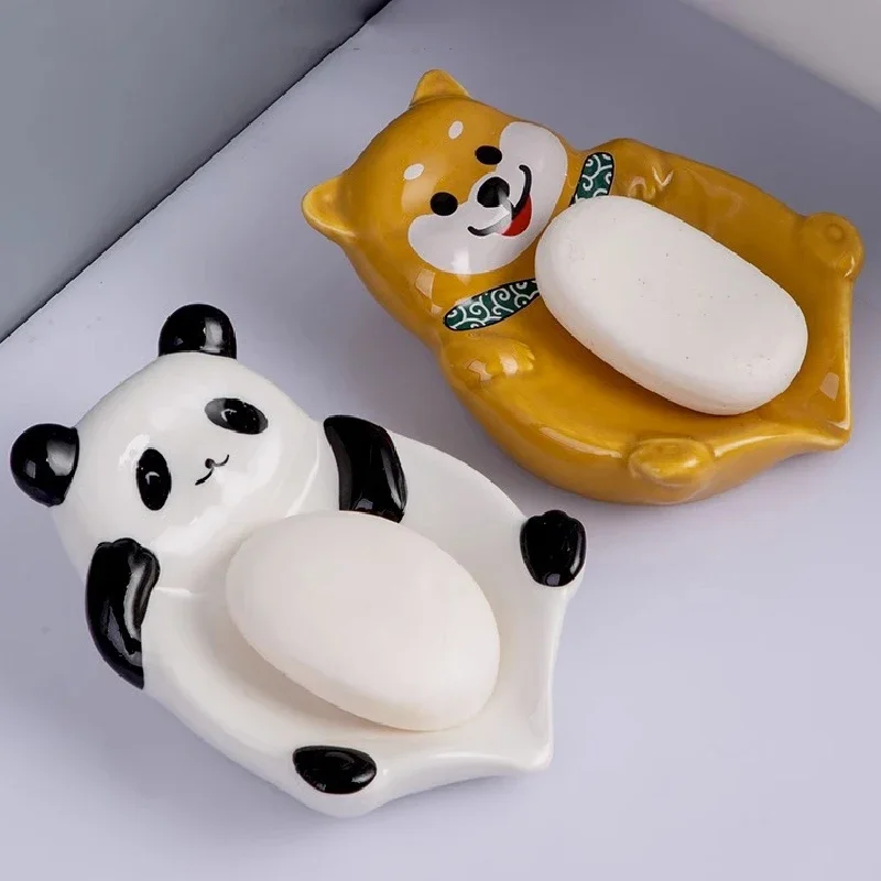 Panda Shiba Inu Soap Box Bathroom Ceramic Soap Box Creative Cartoon Drain Soap Storage Shelf Bathroom Decorative Soap Dish