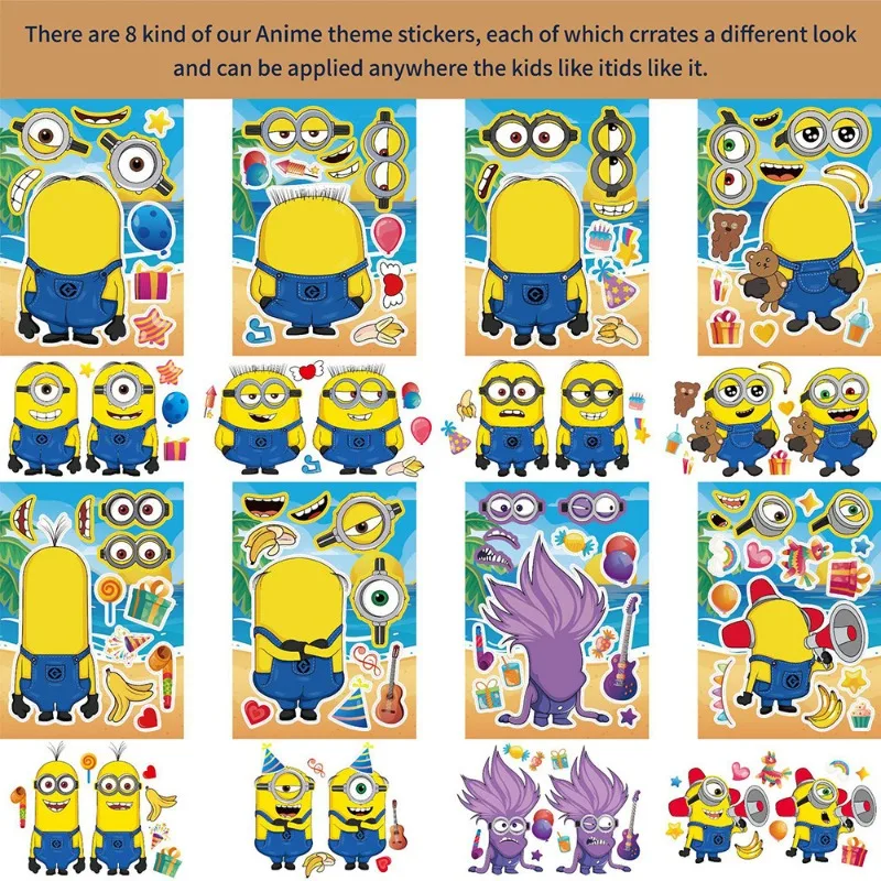 Miniso Despicable Me 8Pcs Minions Puzzle Stickers Cute Creative Face Changing Mobile Phone Luggage Stickers DIY Decoration