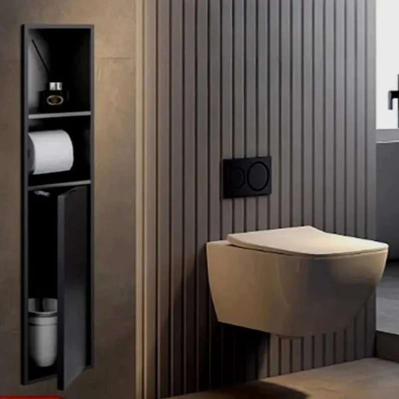 فرشاة تواليت من الفولاذ المقاوم للصدأ 304، مساحة تخزين مدمجة في الحمام مع باب، حامل ورق تواليت مخفي