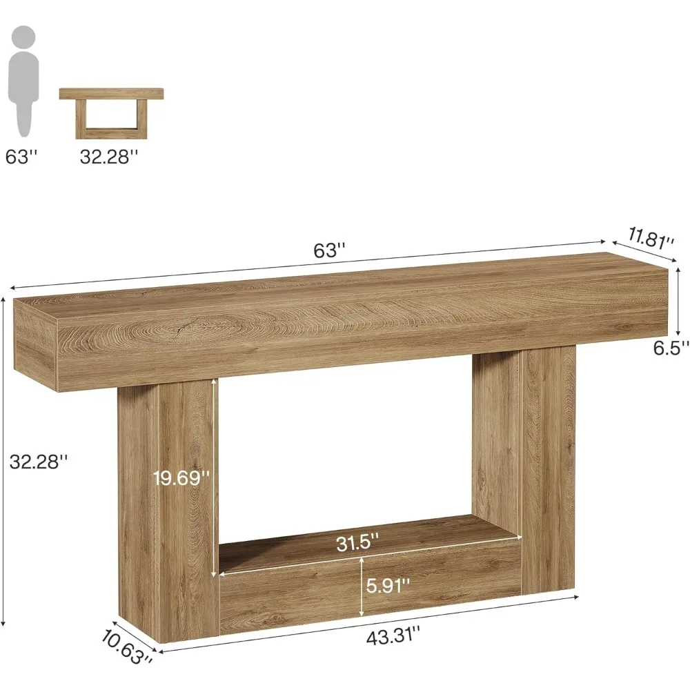 Farmhouse Style Two-Tier Console Table for Entryway, Narrow Long Wood Sofa Table Behind Couch, U-Shaped Base Design