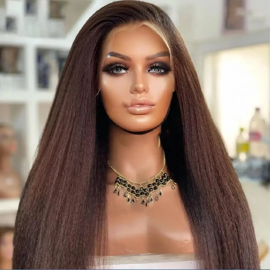 Yaki 180 densità 26 "parrucca anteriore in pizzo dritto crespo marrone lungo per donne nere capelli del bambino quotidiano prepizzicato Glueless resistente al calore