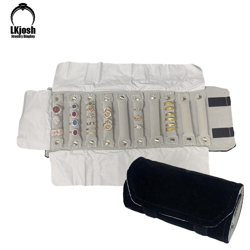 Mini Jewelry Roll Bag Portable Carring Case Black Velvet Organizer Multi Functional Necklace Rings Earrings Storage Box