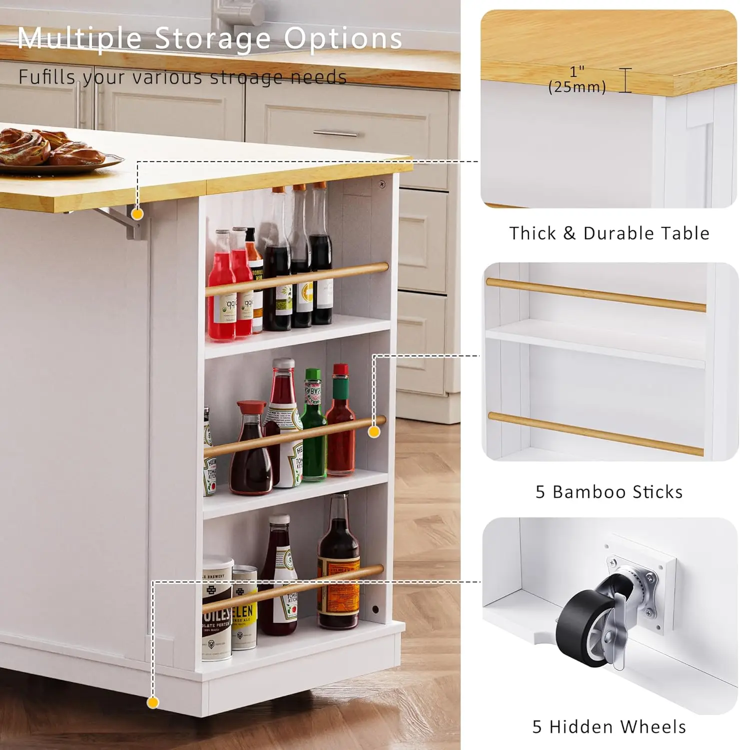 Rolling Kitchen Island with Drop Leaf and Power Outlet - Moveable Kitchen Storage Island  Carts with Racks, Drawers and Shelves