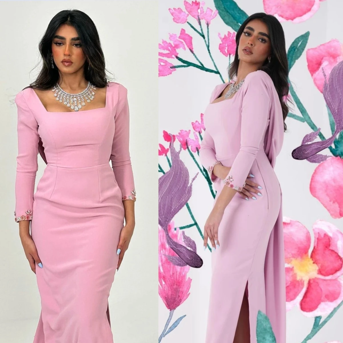 Elegant Pink Square Collar Mermaid Crystal Beaded Evening Dress Side Slit Long Sleeve Arab Dubai Prom Dresses فساتين السهرة 2023