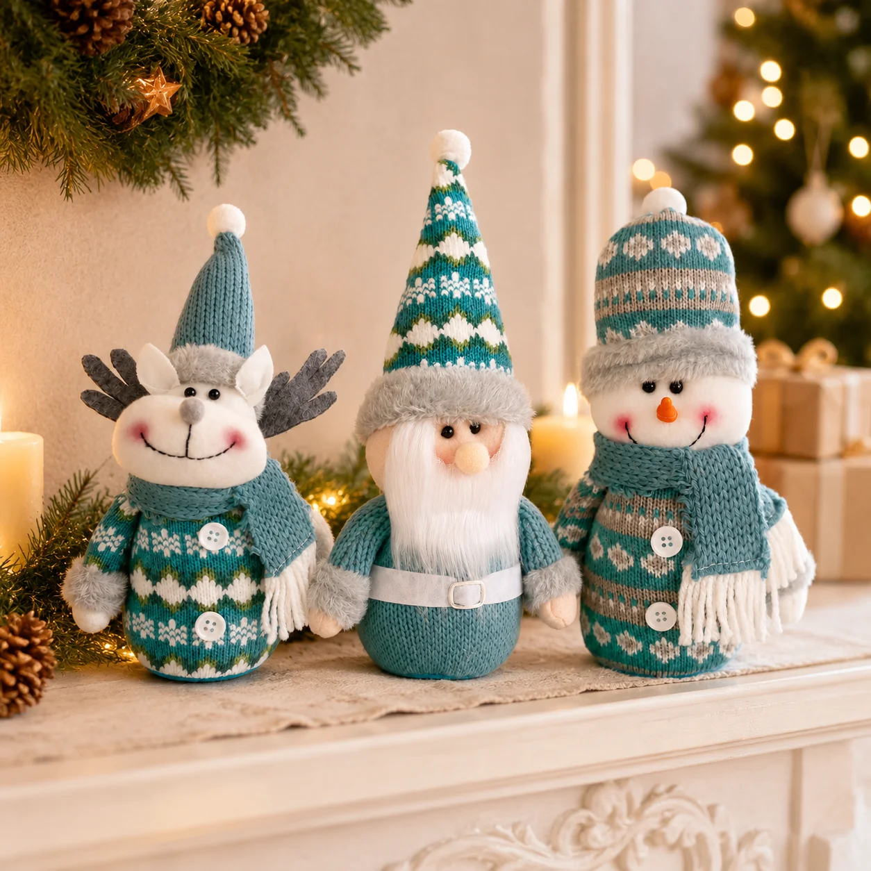 3 Styles Knitted Christmas Plush Decorations, Santa Snowman Reindeer Tabletop Ornaments for Winter Holiday Home Decor
