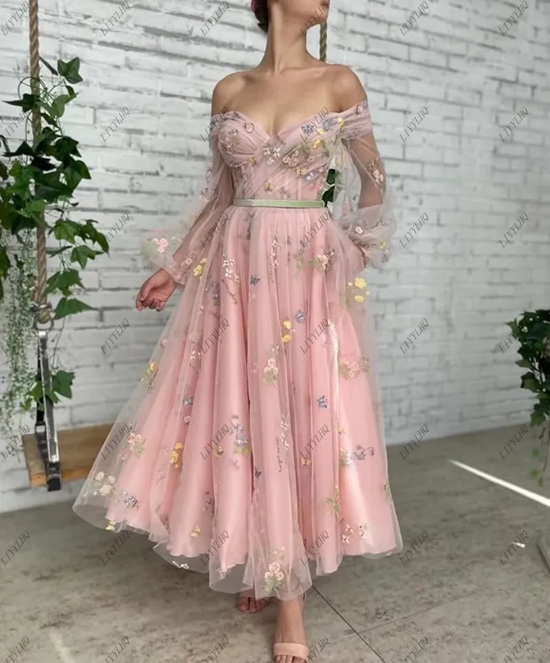 

LIYYLHQ Fairy Flower Pink Prom Dress 2024 Long A-line Pageant Sweetheart Illusion Full Sleeve Birthday Evening Gowns Women Wear