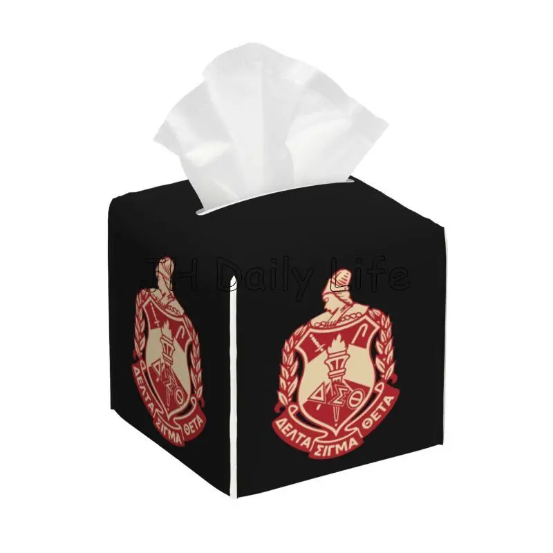 Delta Sigma Theta Sorority Tissue Box Cover Square Tissue Holder with Belt Bottom Leather Napkin Holder for Vanity Countertop