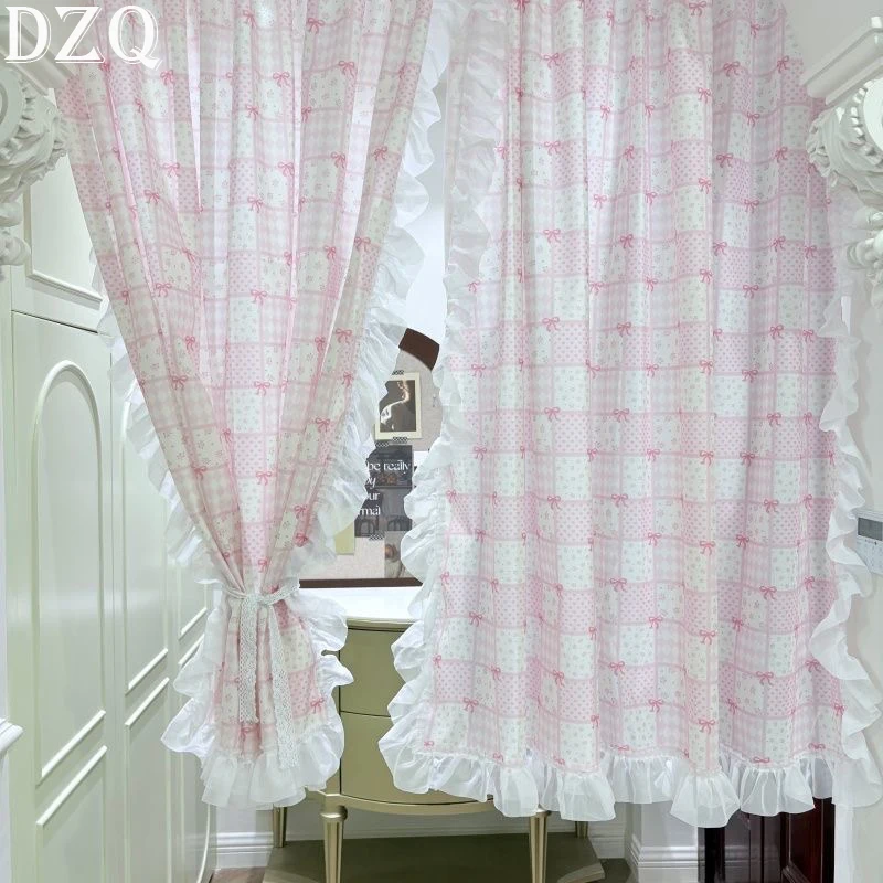 Idyllic Japanese-style Pink Bow Pattern Door Curtains Cloth for Living Room Warp Ruffled Checkered Curtains for Kitchen #A687