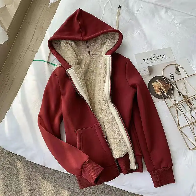 Autumn and Winter New Cashmere Hooded Sweater for Women Loose Thickened Warm Artificial Cashmere Women Cardigan Zipper Coat