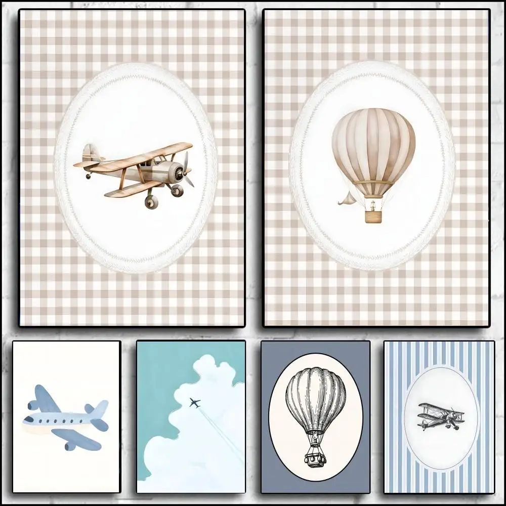 1PC Vintage Travel Boy Nursery Blue Hot Air Balloon Plane Train Prints Poster Self-adhesive Art Waterproof Paper Sticker Coffee