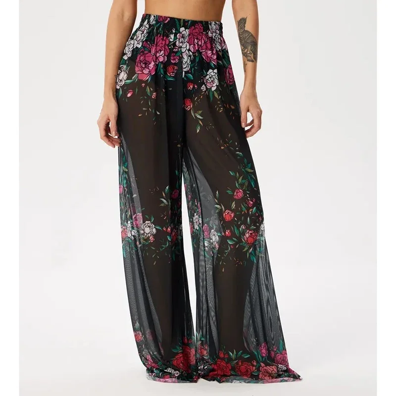 Chic Vintage พิมพ์กางเกงผู้หญิงชีฟอง Elastic High เอวกางเกงขากว้าง 2025 ใหม่ Spice Girl Beachwear บิกินี่ Cover Up