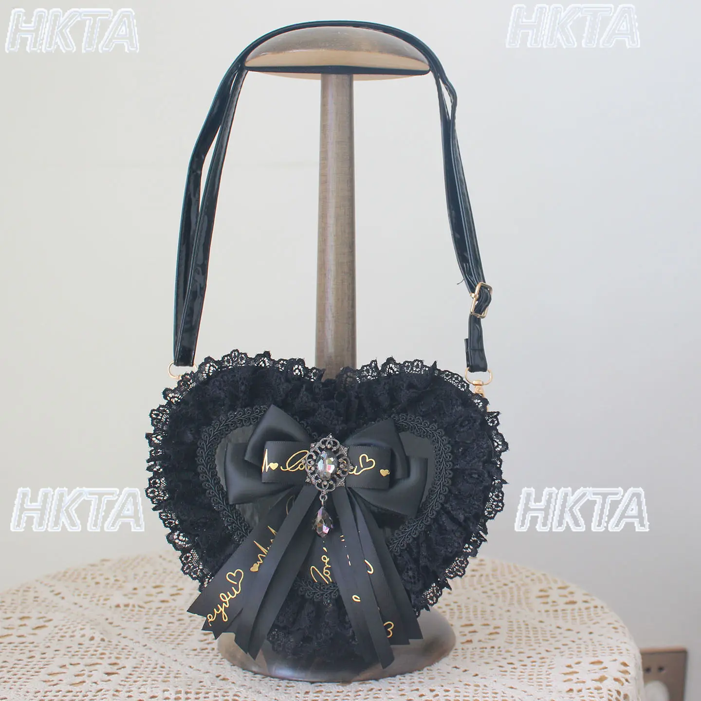 Black Gold Lolita Patent Leather Heart Crossbody Bag Women Girls Gothic Dark Heart Lace Cute Cosplay Backpack Decorative Bag