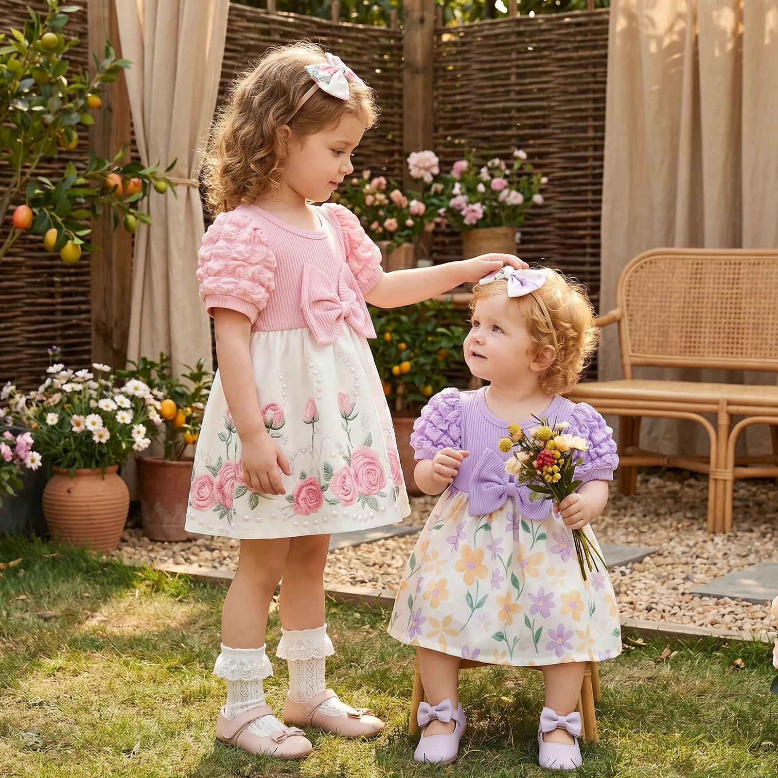 2026 New Toddler Baby Girls Floral Dress Summer Fashionable Bow Decor Short Bubble Sleeve Dress with Headband