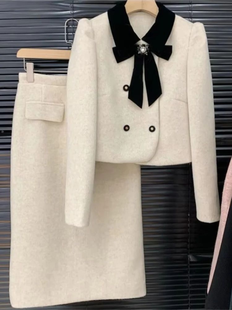 Insozkdg Elegant Skirt Suits Women Suit Jacket 2024 Autumn and Winter High Temperament Wool Coat Top Long + Skirt Two-piece Set