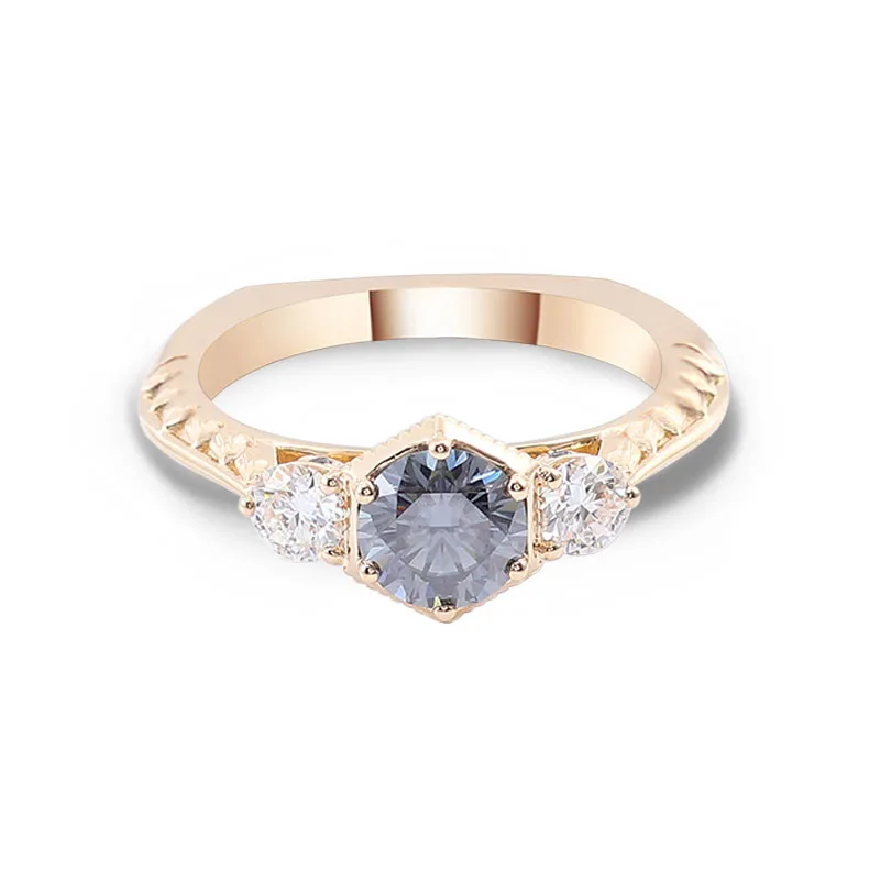 

Provence 14K Yellow Gold Three Stone Ring With 5.5mm Deep Gray Round Moissanite Diamond For Women Party Ring Personalized Gift