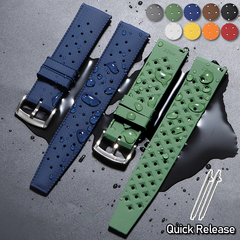 Bracelet de montre en caoutchouc à libération rapide 18mm 20mm 22mm, perforé, étanche, en silicone tropical pour Seiko, pour Fossil, bracelet de sport