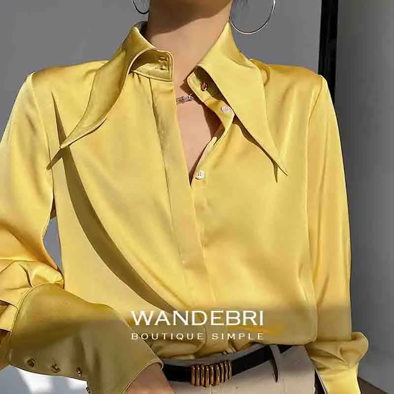 New Fashion Turn Down Collar Women\'s Blouse Button Up Satin Silk Women Shirts White Office Woman Tops Yellow Clothes 16946