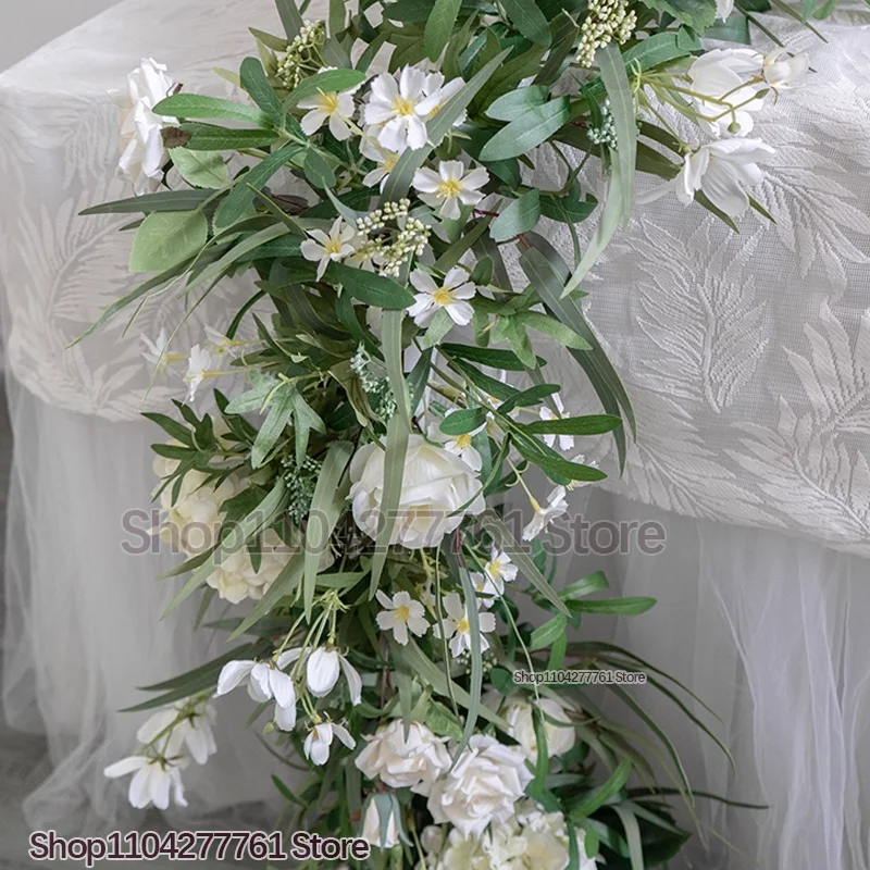 أبيض أخضر معلق زهرة صف الطابق الأزهار DIY بها بنفسك الزفاف مرحلة الديكور الزهور الاصطناعية قوس الورد الخضرة ديكور المنزل الطرف #3