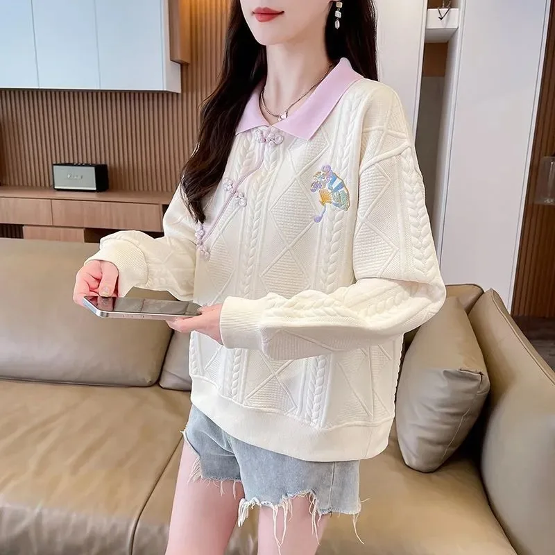 New Chinese Style Women Spring Autumn Loose Short Pullover Sweatshirt Frog Button Contrast Polo Collar Embroidery Casual Top