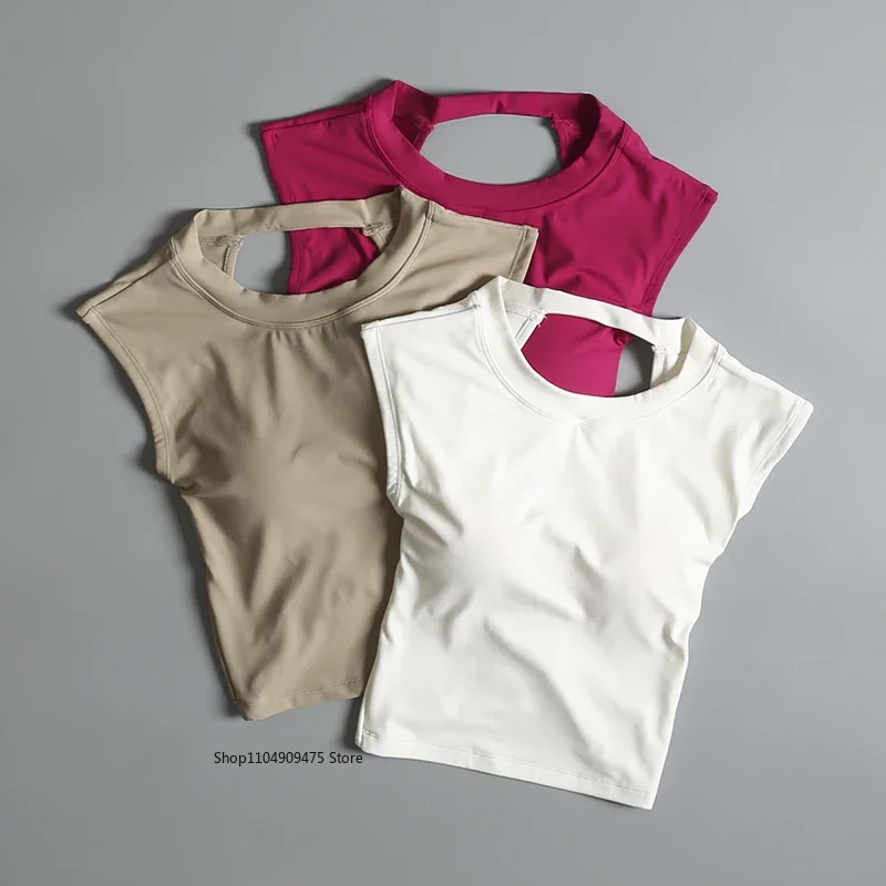 Sexy Short Backless Fixed Chest Pad Sports T-shirt Vest Women's Tight Fitting Quick Drying Slimming Yoga Suit Top Clothing