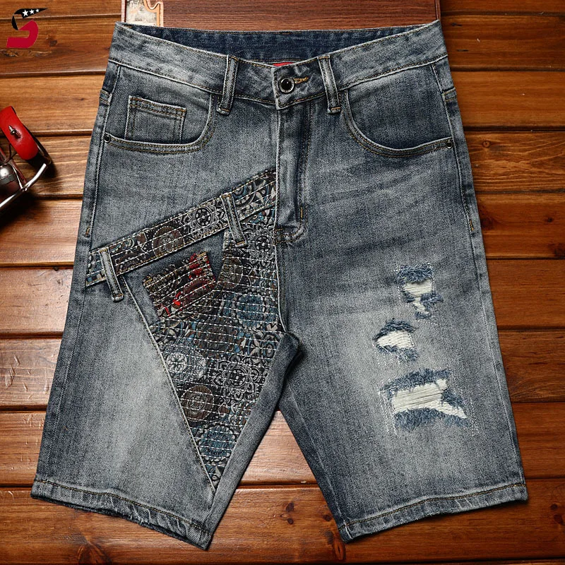 High-End Hole & Patch Denim Shorts Men's Summer Fashion2024New Trendy Slim Fit Stretch Personality Motorcycle Shorts