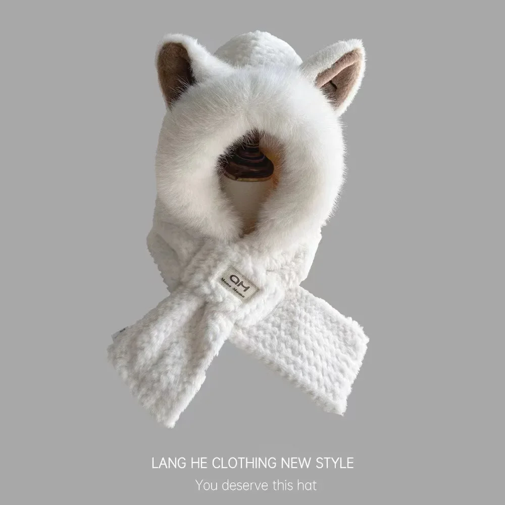 

Autumn and Winter Cycling Warm and Versatile Ear Protection Cute Furry Fox Ear Hat Looks Small Two-piece Lei Feng Hat Set