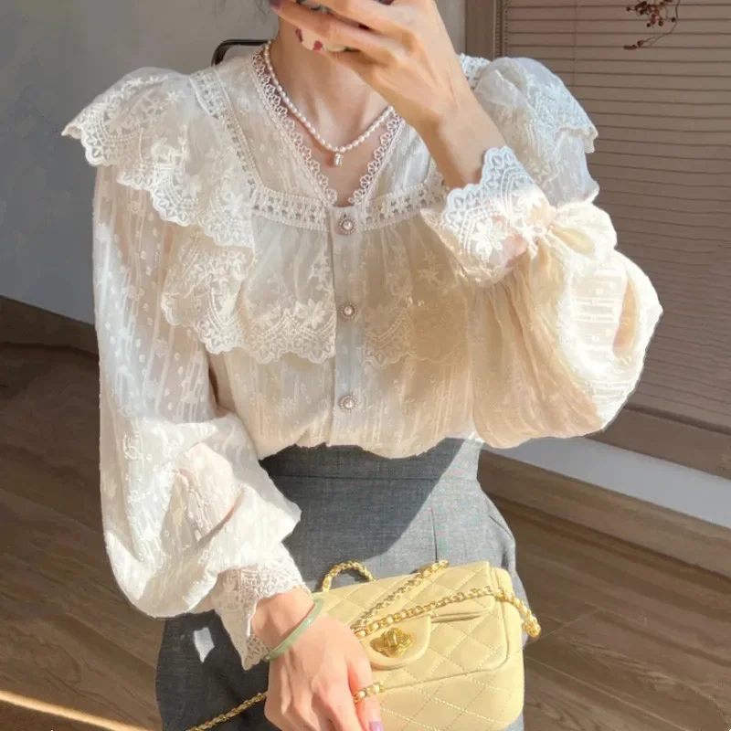 Blusa blanca de moda para mujer, camisas de gasa con cuello levantado, Blusas de encaje con volantes de manga larga Vintage, Tops 2023