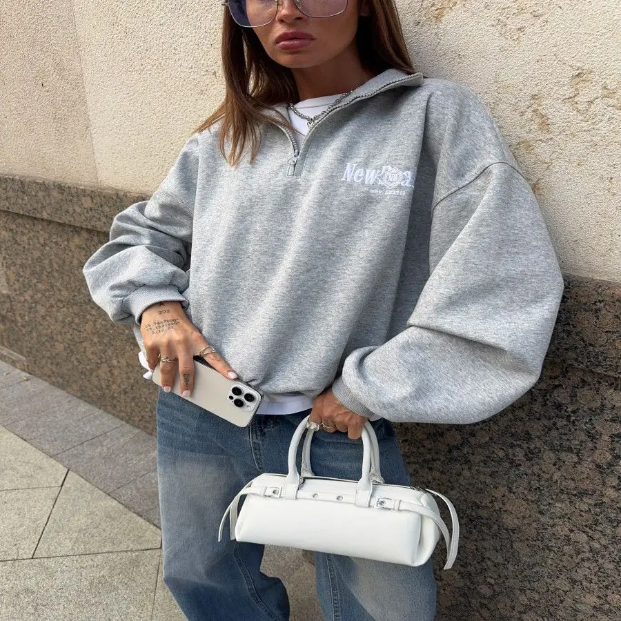 ยุโรปอเมริกันวิทยาลัยผู้หญิงเสื้อเรโทรเปิดซิปปกเปิดปกเสื้อสีเทาเสื้อแขนยาวฤดูใบไม้ร่วงหลวม Y2K