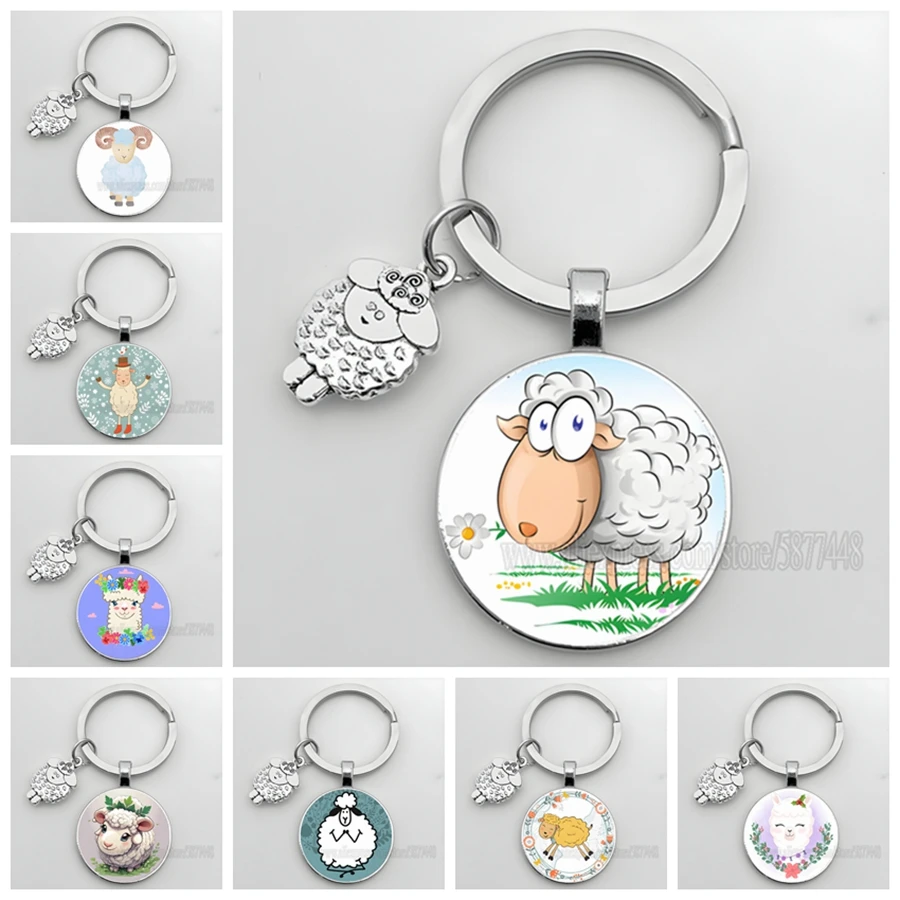 New Cute Sheep Keychain I Love Sheep Cartoon Animal Glass Dome Keychain