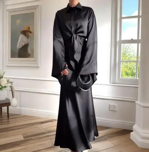 

Spring 2025 New Women's Polo Ribbon Round Leader Shirt, Women's Hip Wrapping Skirt Set