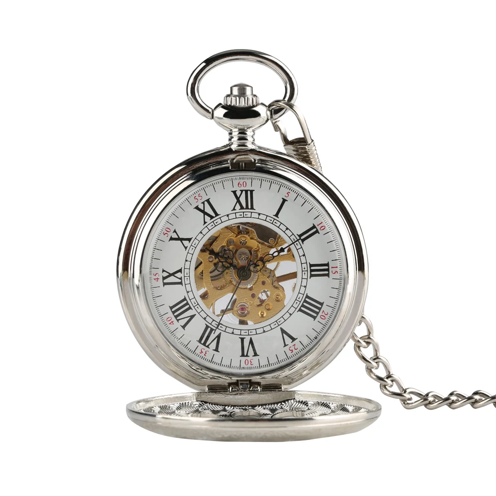 Transparent Hollow Roman Numerals Display Mechanical Pocket Watch Hand-Winding Luxury Vintage Pendant Chain Clock Gift Male