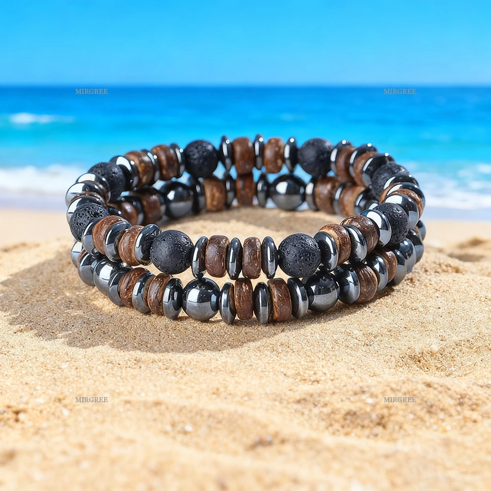 2pc Men's Natural Stone Bead Bracelet Set, Handmade Retro Style