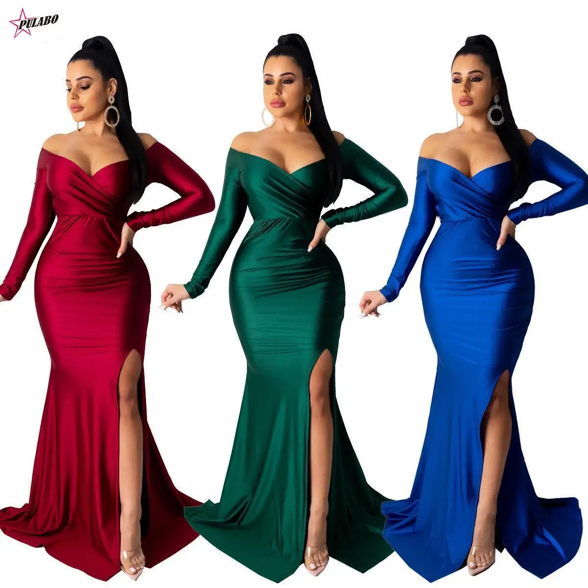 Autumn Winter Women Off Shoulder Plunging V-neck High Side Split Mermaid Maxi Dress Sexy Night Party Club Long Dresses Female