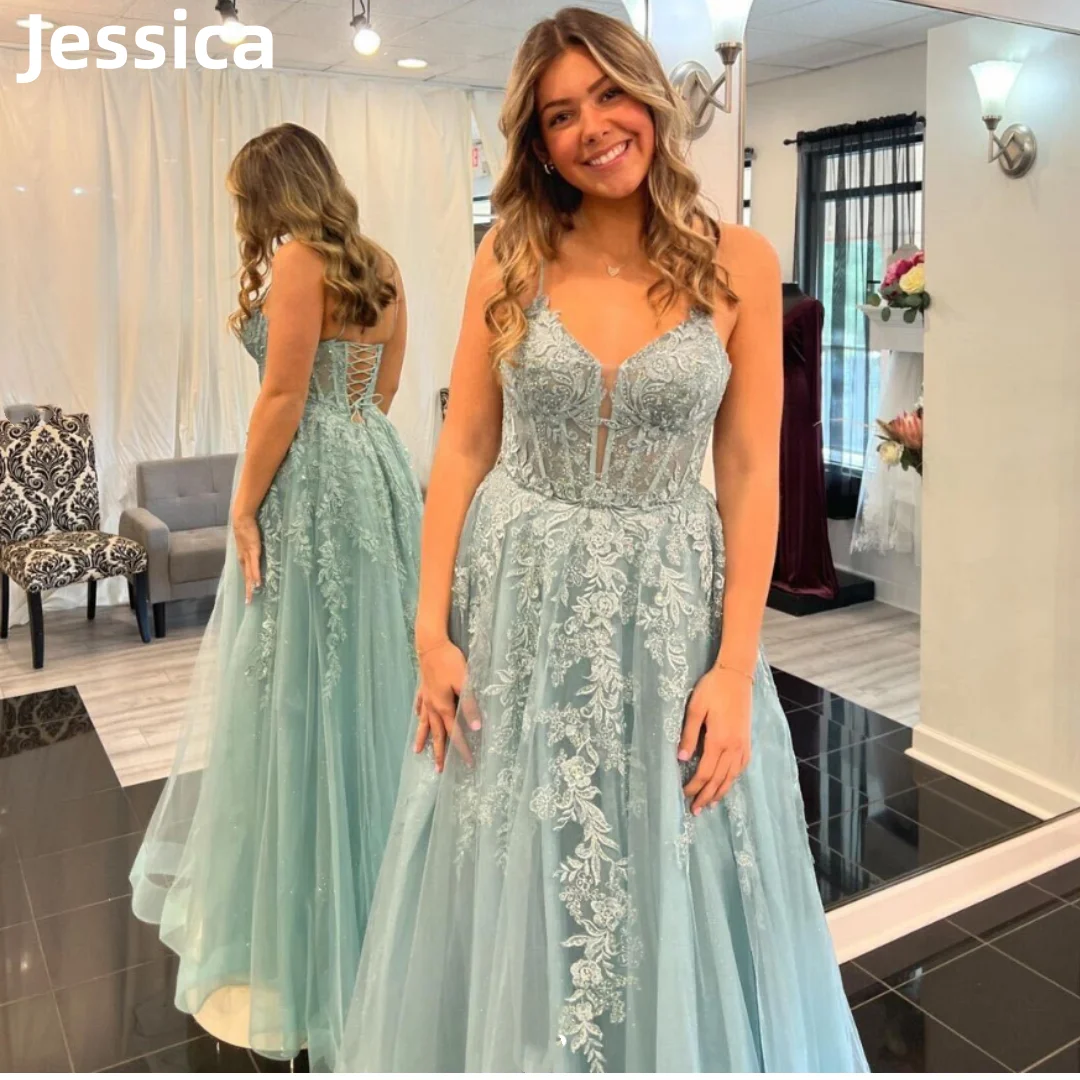 

Jessica Lace Embroidery Appliqué Prom Dresses Glitter Tulle Graduation Evening Dresses Princess Party Dresses Vestidos De Noche