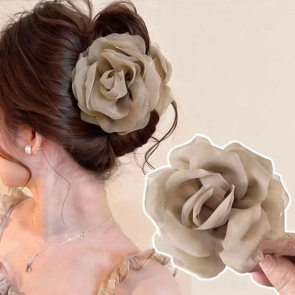 Elegant Camellia Pearl Hair Claw Delicate Mesh Flower Shark Clip Luxury Style Girls Ponytail Holder Aesthetic Hair Styling Tool
