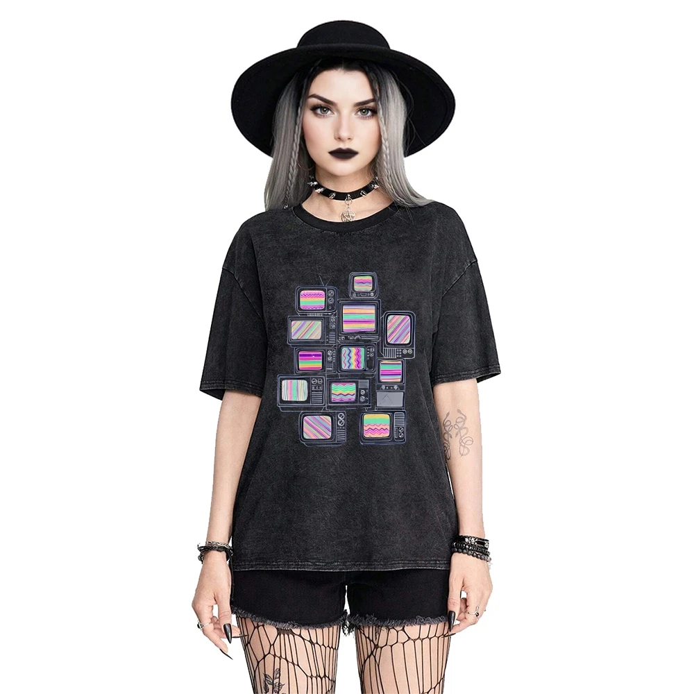 

Многослойная футболка с ностальгией и красочным узором в стиле ретро, повседневная свободная футболка с короткими рукавами, модный незаменимающий удобный топ