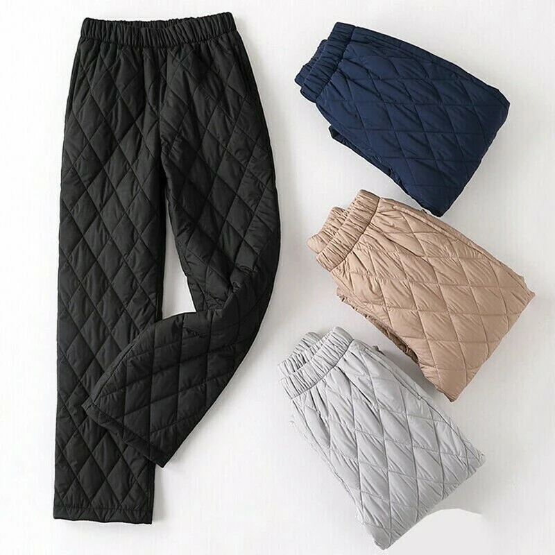 Women Winter Warm Down Cotton Pants Padded Quilted Trousers Elastic Waist Casual Trousers