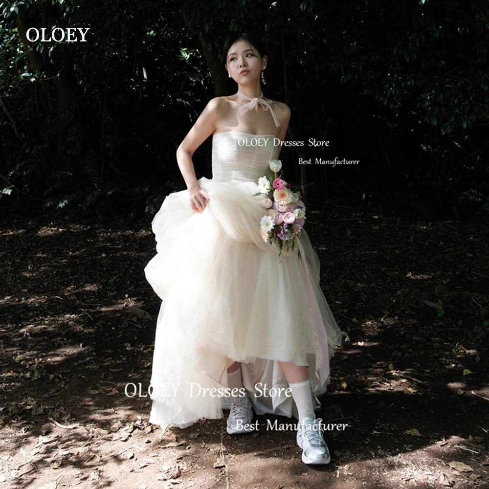 OLOEY Fairy Tulle Korea Wedding Dresses Photoshoot Strapless Floor Length Bridal Gownws Robe de mariage