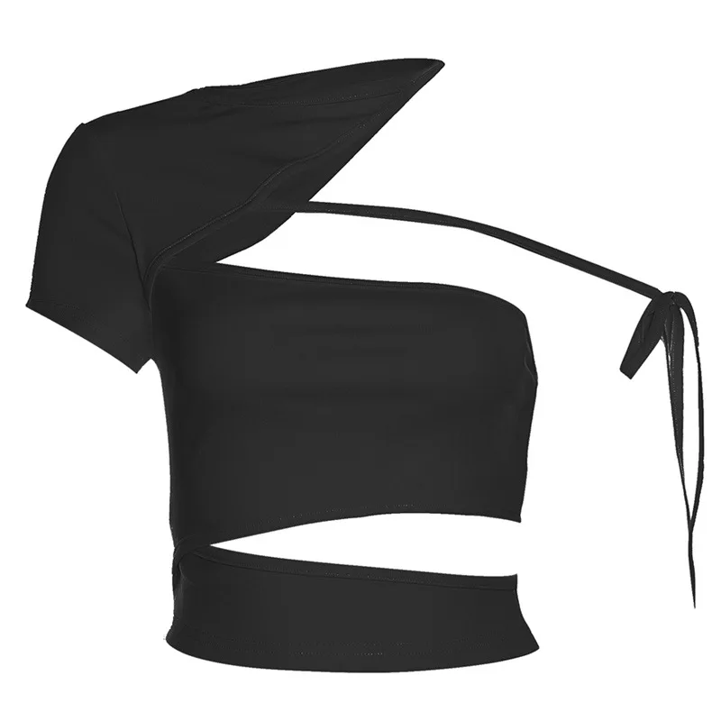 Imagem -05 - Sólida Simples de Malha Alta Elástica Top Colheita Mulher All-match Summer Cool Trendy Sexy Slant Shoulder Oco Top Cor