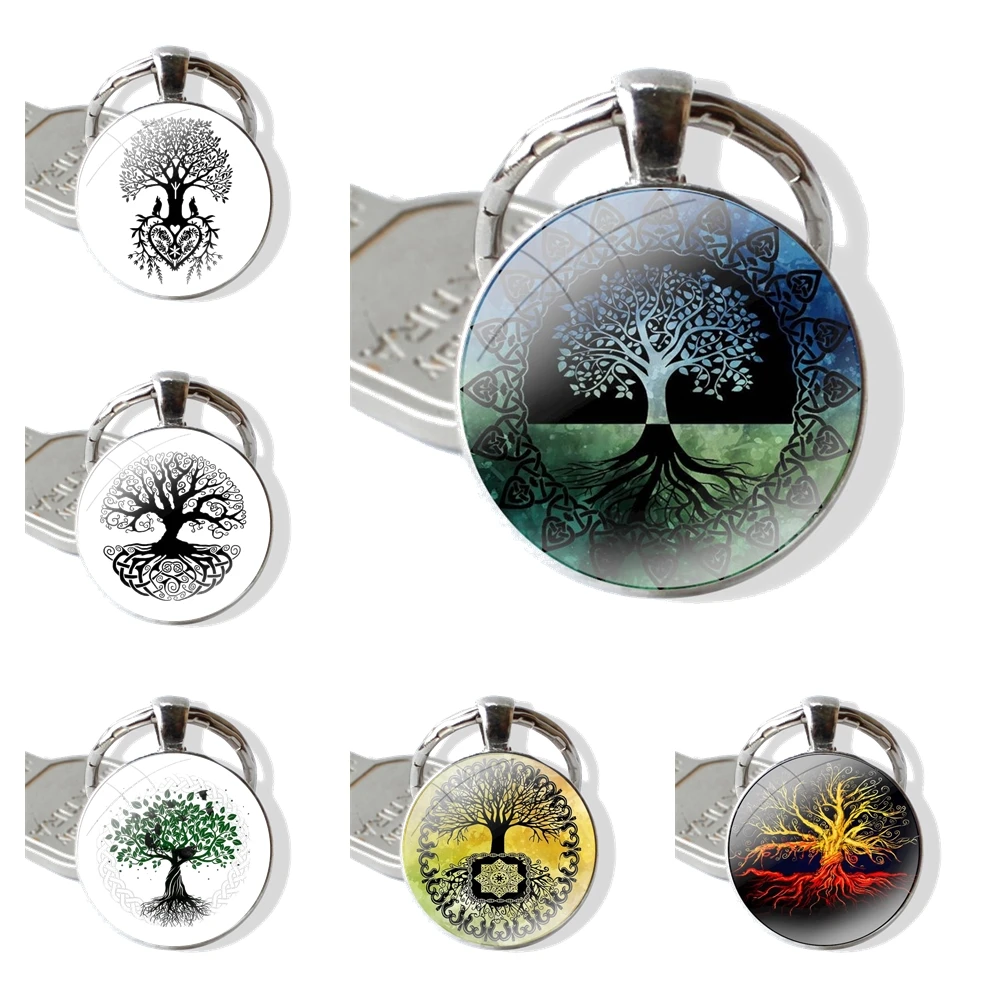 Keychain Handmade Glass Cabochon Key Ring Holder Pendant Key Chains Fashion Vintage Life Tree Glass Gem Pendant