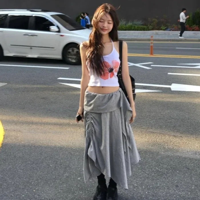 Retro Floral Print ter Top Slimming Versatile Gathered Skirt f-length Polyester Fiber Summer 2025 Women's Vest Strap