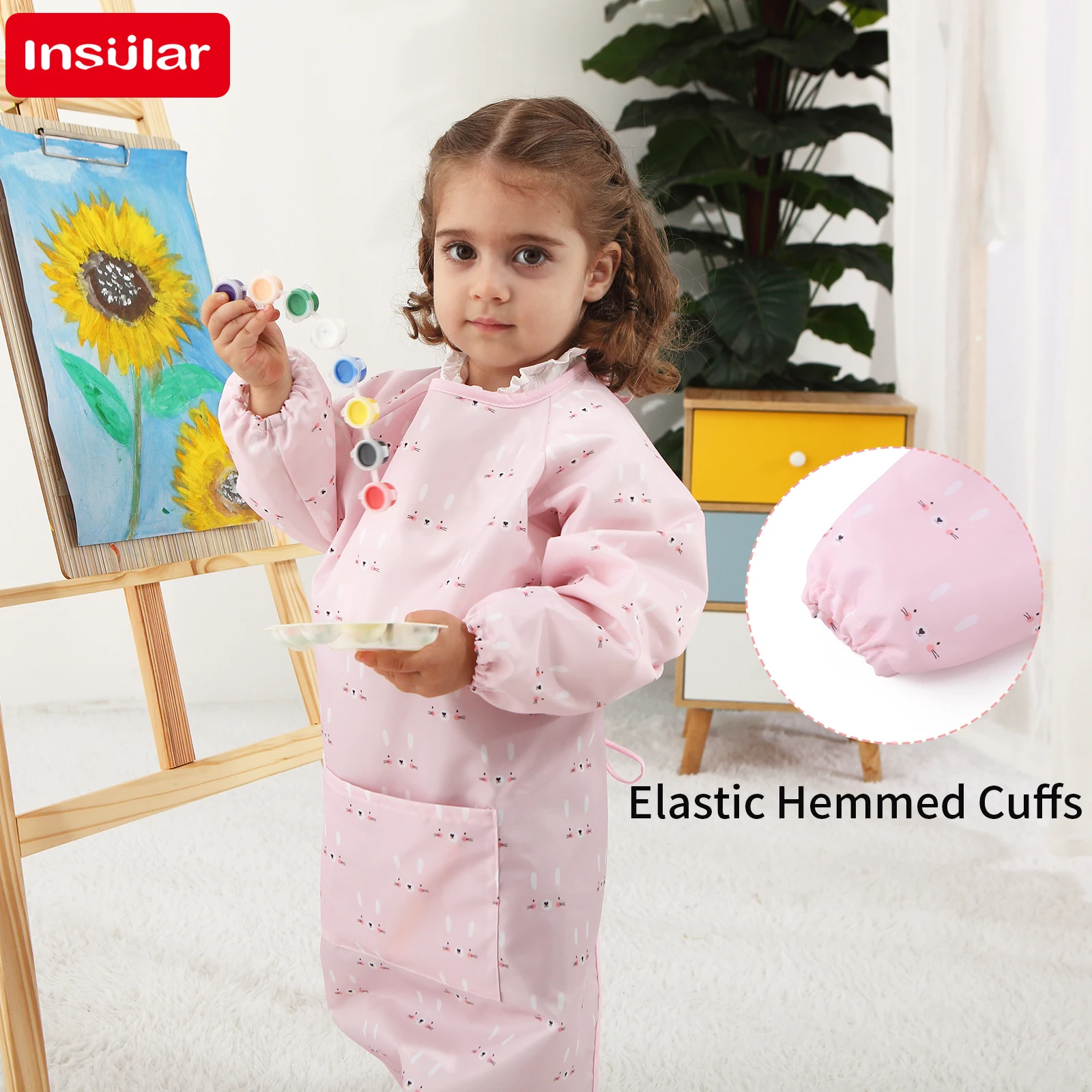Waterproof Long Sleeve Baby Art Smock Reversible Coverall for Toddler Painting Feeding PU Protective Apron Easy Clean Cartoon