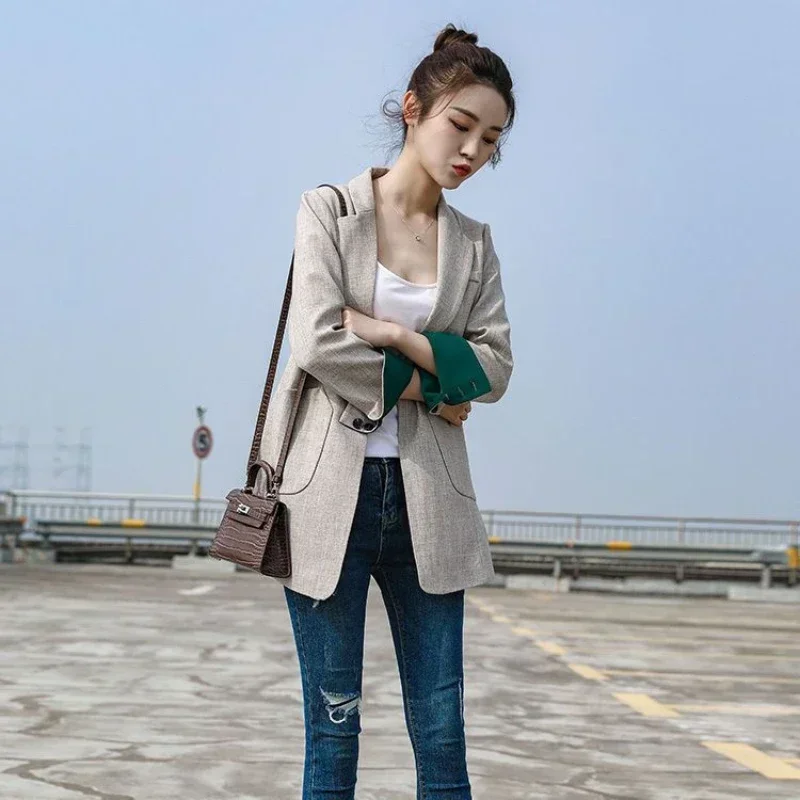 

Female Coats and Jackets Long Black Colorblock Women's Blazers Jacket Dress Off White Outerwear Clothing Over Loose Chic Elegant