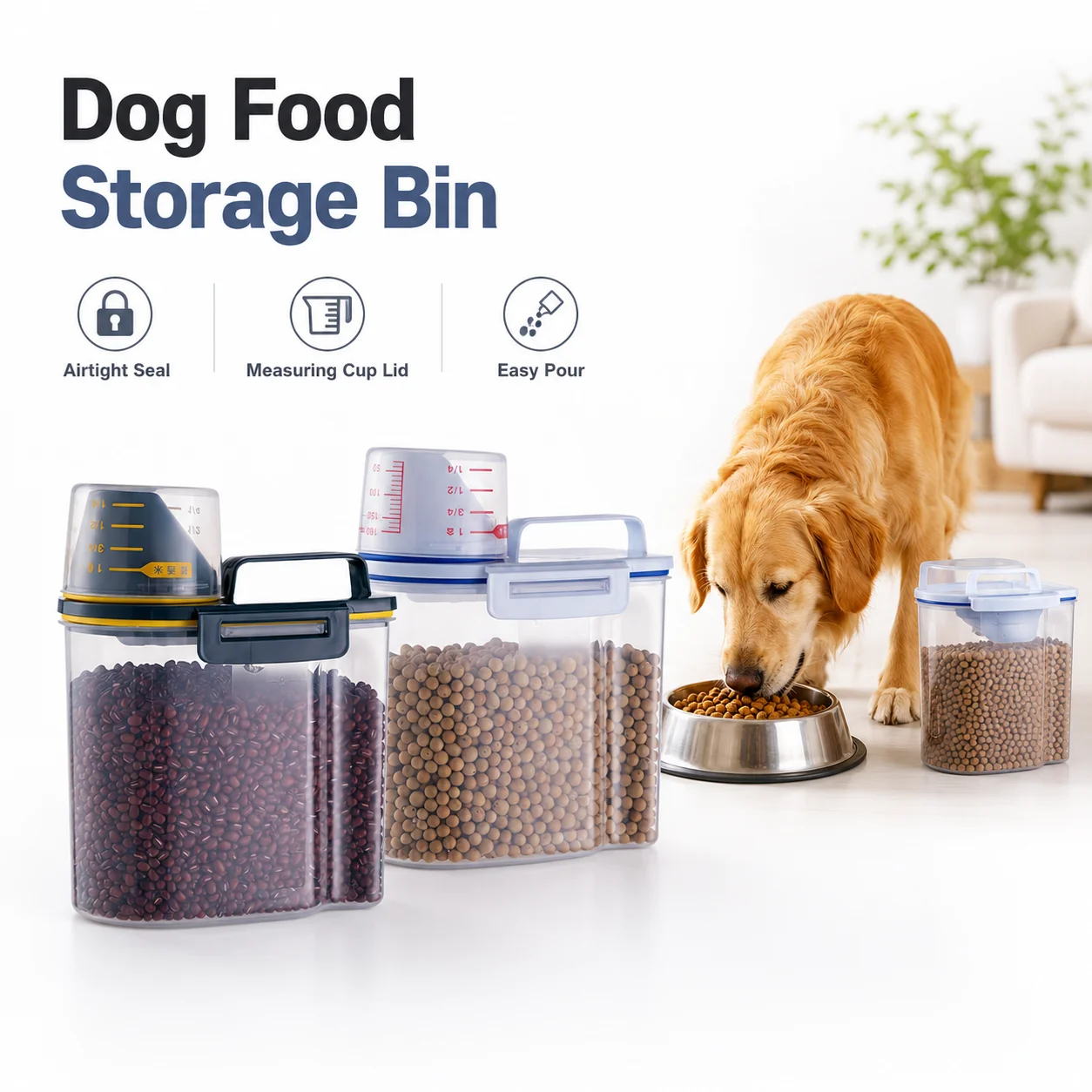Recipiente de Arroz Japonês Hermético para Armazenamento de Ração para Cães e Gatos com Copo Medidor, Caixa de Cereal Quadrada Transparente em PP para Cozinha